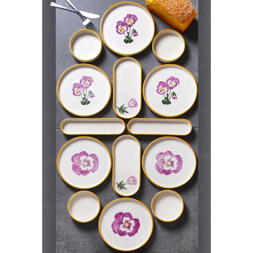 14 Piece Stackable Violet Breakfast Set For 6 Persons Handmade Special Design Breakfast Set Breakfast Bowl