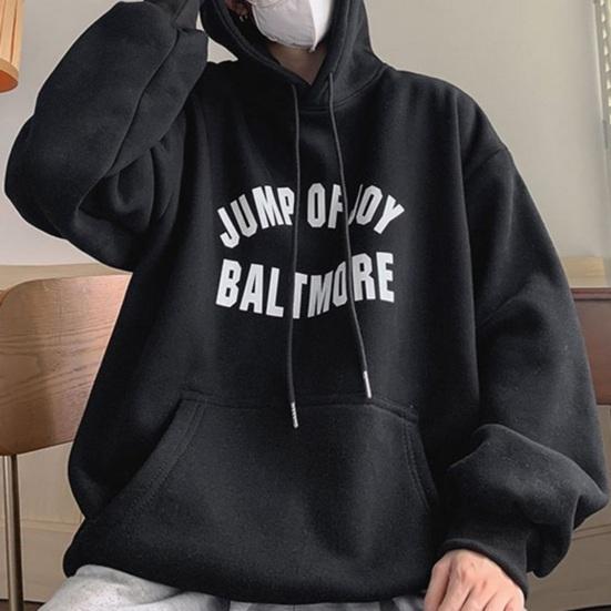 Мужская осенне-зимняя толстовка с капюшоном и буквенным принтом, свободная толстая теплая пуловер с длинными рукавами, ретро средней длины, эластичная манжета на шнурке, толстовка с большим накладным карманом