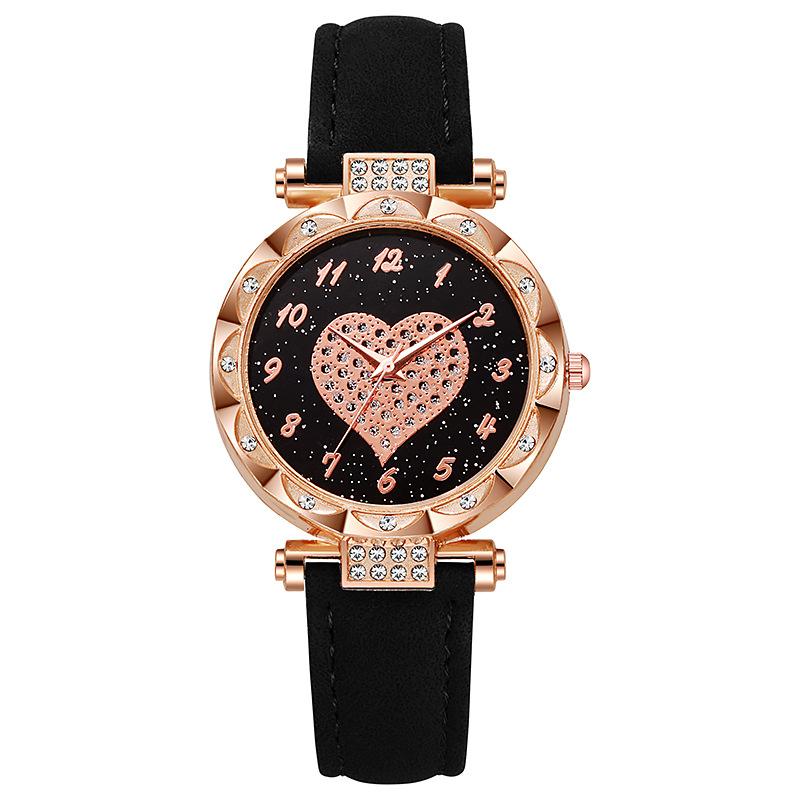 Женские часы со стразами и сердечком, кварцевые часы с кожаным ремешком и женским кожаным ремешком