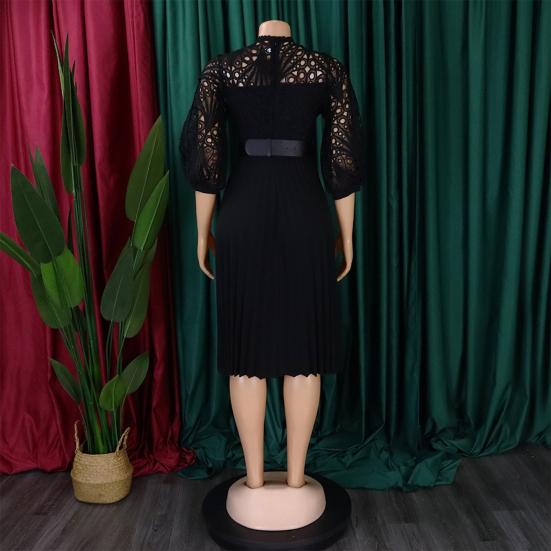 Женское платье миди 45720 с рукавами, кружевное вязаное крючком, с ажурной перфорацией, плиссированное, расклешенное