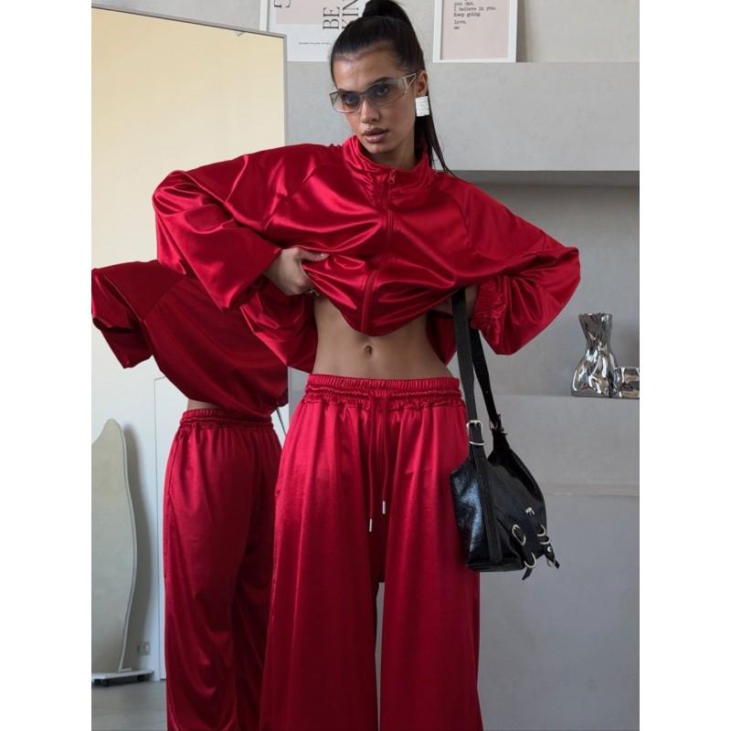 2026 Womens Loose Oversized Short Top Satin Track Suit Set Streetwear
