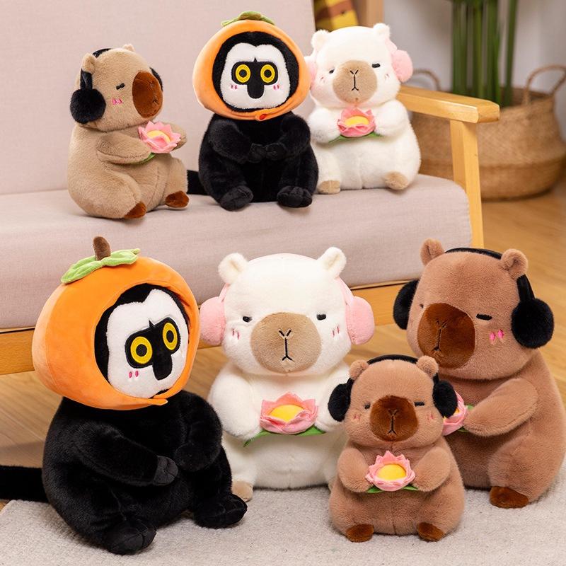 New Capybara Plush Doll Pillow Capybara Stuffed Animal with Headphones Hold Flower Doll Home Decorations Gift Toy for Kid