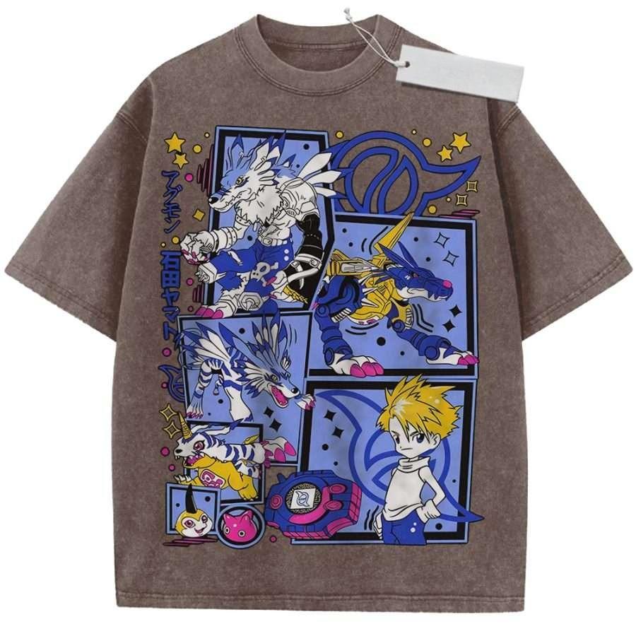 Summer Mens Beige Washed T Shirt Digimon Adventure Agumon Gabumon Takeru High Quality Fabric for Casual Shopping