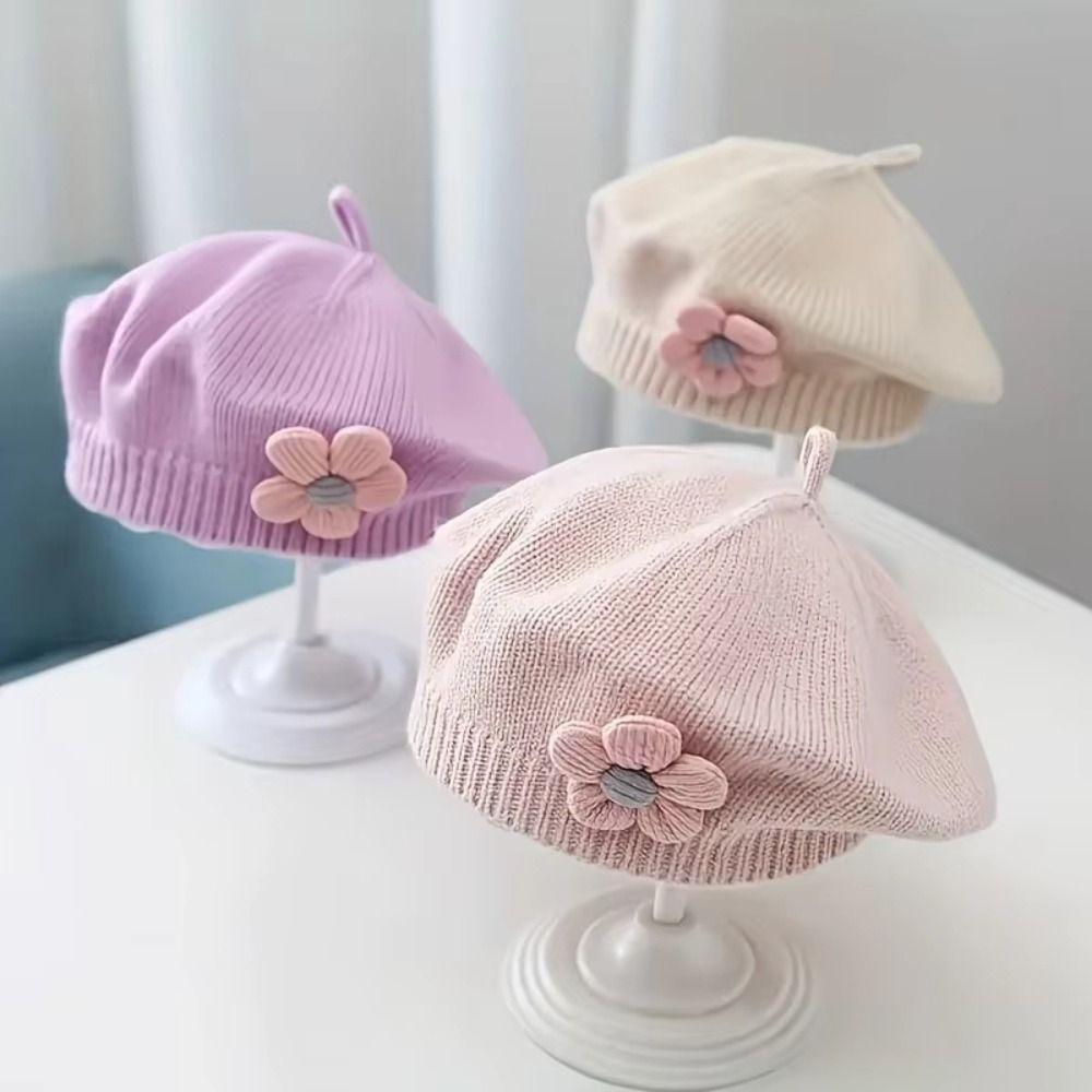 Korean Baby Beret Hat Flower Baby Knitted Hat New Artist Painter Caps For Infant Girls