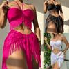 Women 3 PCS Triangle Bikini Swimsuit with Tassel Beach Skirt Female Halter Swimwear Bathers Bathing Swimming Beachwear