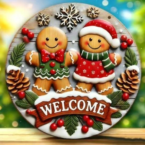2D Merry Christmas Wooden Sign Red Black Plaid Gingerbread Man Wall Hanging Decor Front Door Porch Home Holiday Decorations