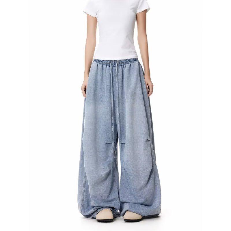 American street pleated elastic waist wide-leg jeans women's loose casual hiphop drape spring and autumn long pants tide