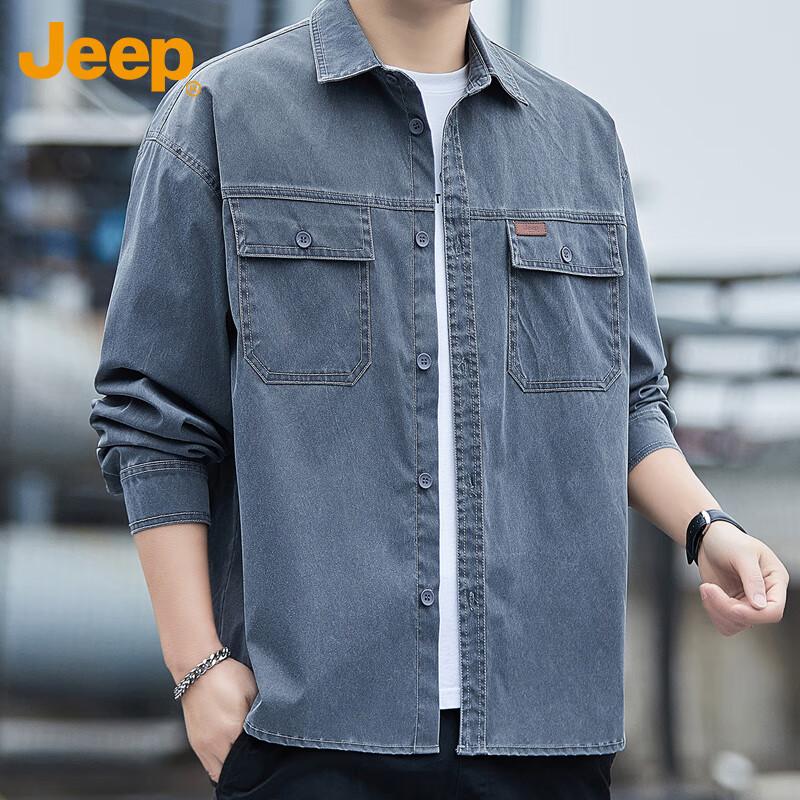 JEEP Men's Long-Sleeve Shirt, Casual Loose Fit Jacket for Spring And Autumn, Workwear Trendy Shirt, Men's Clothing, Dark Gray, Size M