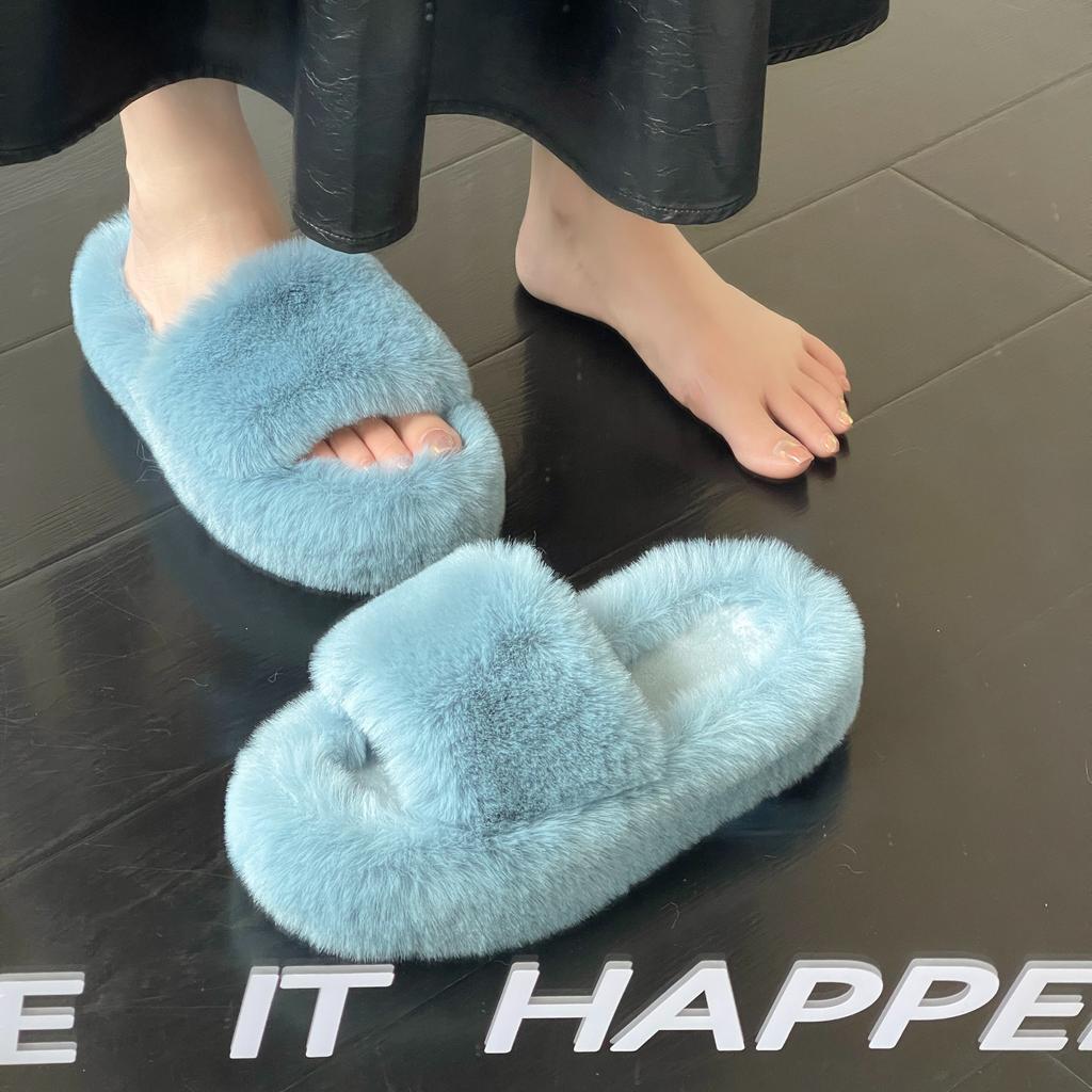 2024 зимние пушистые тапочки на платформе, однотонные, с открытым носком, удобные плюшевые туфли, домашние, уличные, пушистые теплые тапочки, сандалии большого размера