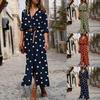 Women Summer Dot Print Long Sleeve Button Long Dress Party Beach Dress