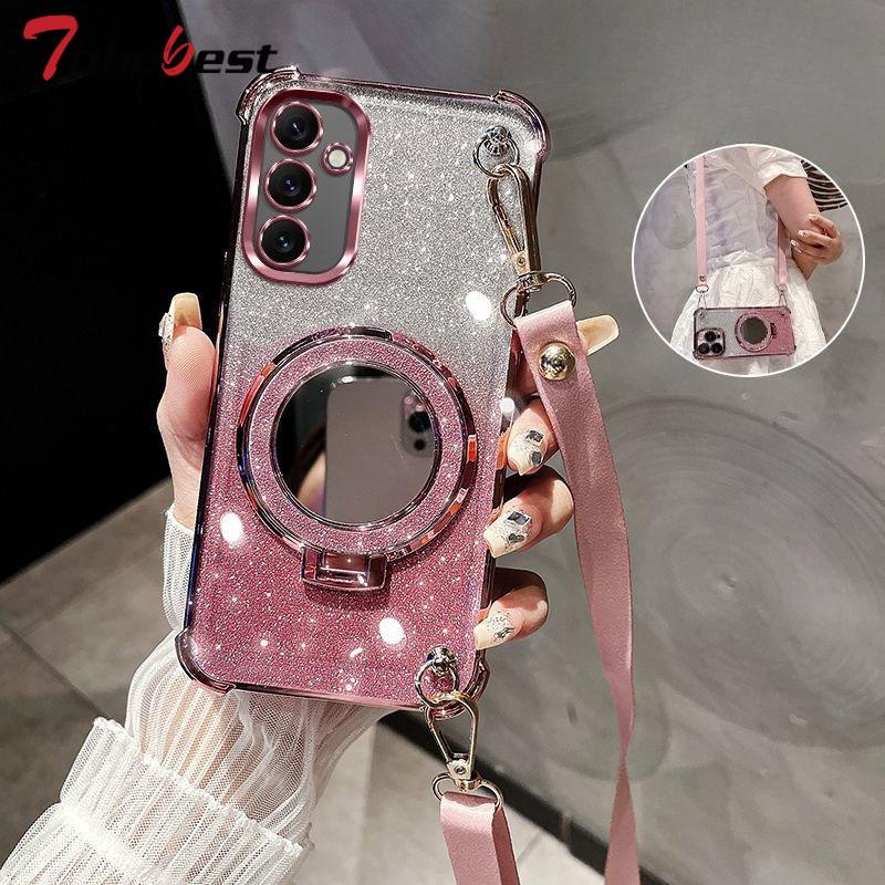 For Samsung Galaxy A16 A26 A36 A56 A06 A15 A25 A35 A55 A14 A24 A34 A54 4G 5G Case Crossbody Lanyard Plating Mirror Holder Cover