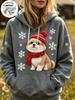 Fleece Lined Women Holiday Hoodie 3D Imitation Plush Shih Tzu Pomeranian Puppy Snowflake Graphic Long Sleeve Pullover Sweatshirt