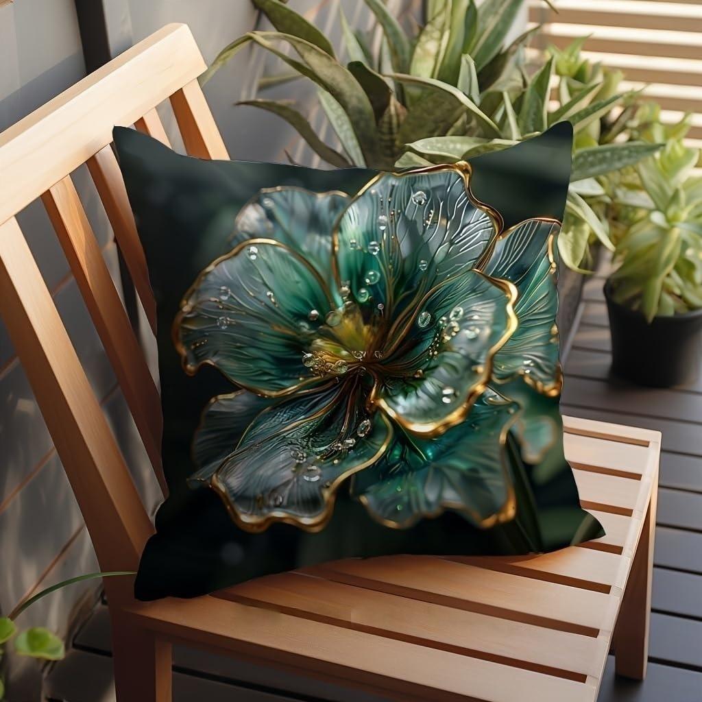 Emerald Green Gold Floral Pillow Cover Luxury Crystal Print Elegant Botanical Cushion Case For Sofa Bed Couch Glam Modern Home