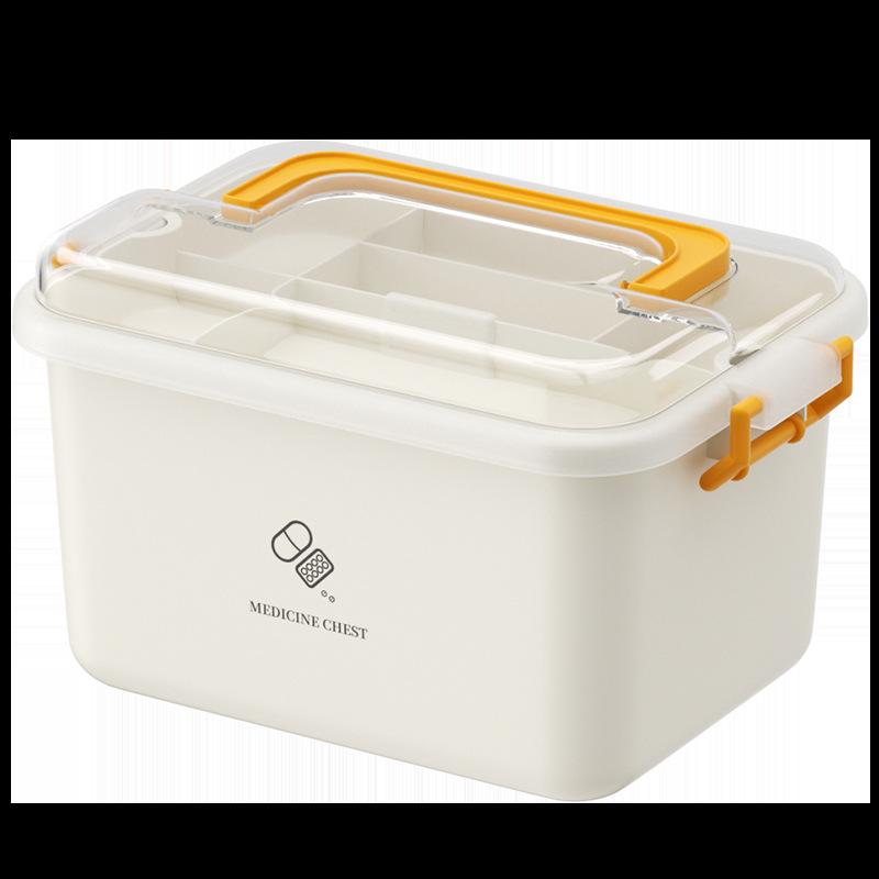 Вместительная переносная аптечка с многоуровневыми отделениями для хранения предметов первой помощи и средств экстренной помощи.