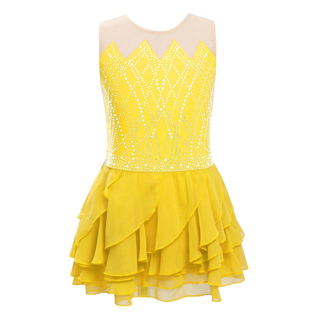 Платье для фигурного катания для девочек, круглый вырез, без рукавов, блестящие стразы, многоярусная юбка с оборками, танцевальный костюм для соревнований