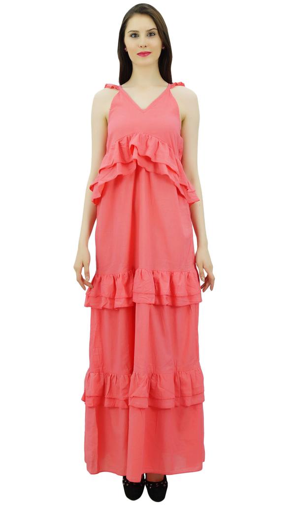 Bimba Sexy Summer Spaghetti Strap Sundress V-Neck Casual Ruffle Long Maxi Beach