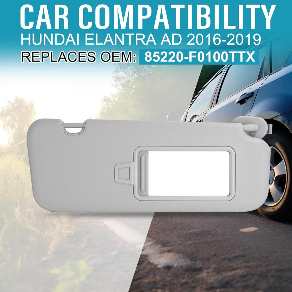 Grey Right Passenger Side Sun Visor With Mirror Compatible With Hyundai Elantra 2016 2017 2018 Replace#85220-F0100TTX