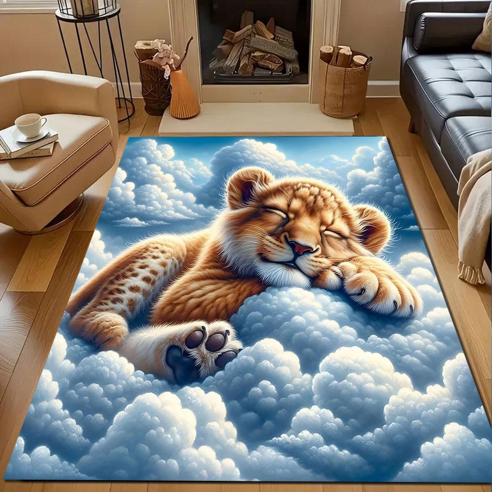 Lion Cub Dreaming on Clouds Patterned carpet, non slip mat suitable for living room and bedroom sofas