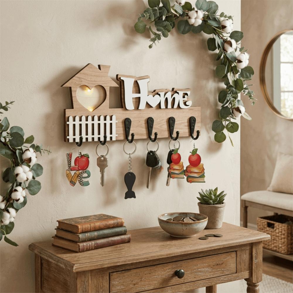 Vintage Wooden Key Hook 4 Hooks Wall Storage Rack Durable Wall-Mounted Key Holder Office