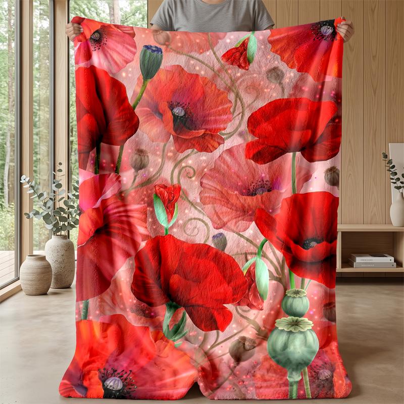 Red Poppies and Butterflies Theme blanket Lightweight Warm Flannel Blanket Decorative Throw Blanket for Home Decoration
