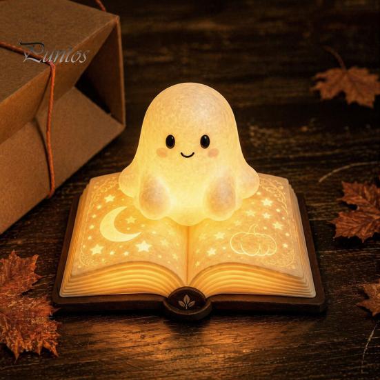 Фигурка призрака Настольная лампа Магическая книга Ночник, Смола Настольный теплый свет с Луной Мягкий желтый свет Рельеф звезды, Милый Прикроватный для сна