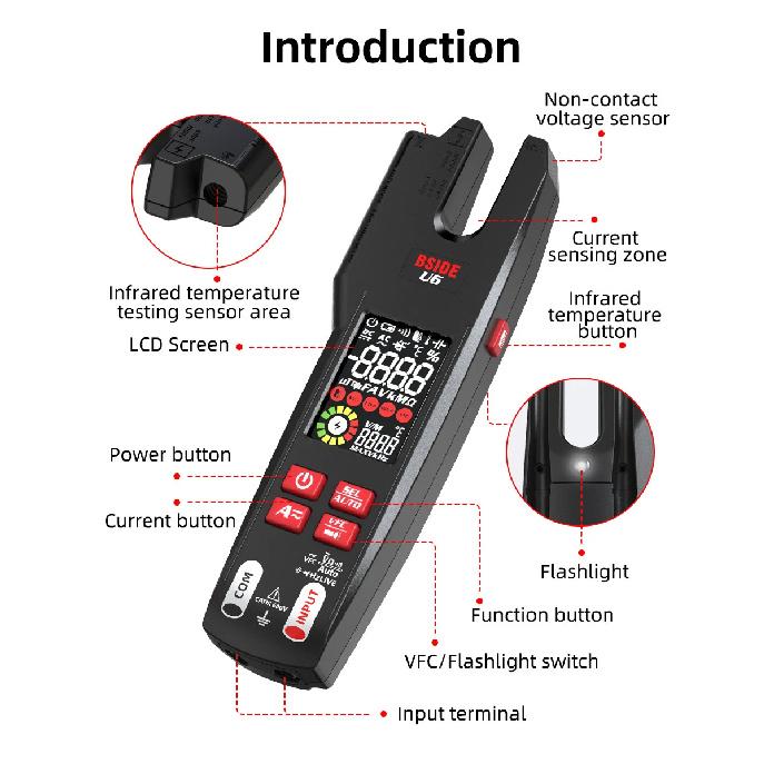 BSIDE DC AC Clamp Meter Electrical Amp Tester Open Jaw Ammeter, Infrared Thermometer with Smart Mode, 9999 Counts Multimeter VFC