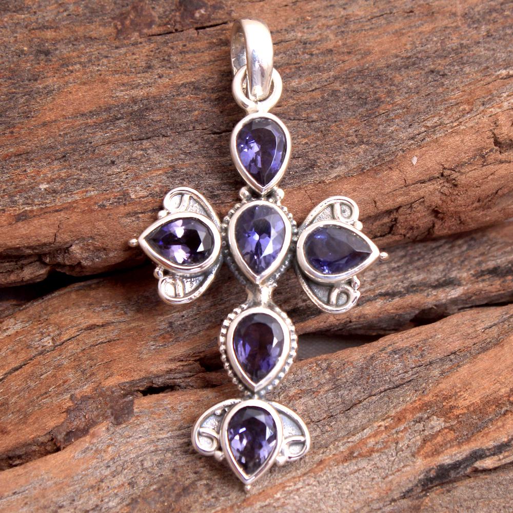 Reiki Pendant, Silver Jewelry, Crystal Healing Pendant, Iolite Silver Pendant, 925 Sterling Silver Handmade Jewelry, Cross Pendant