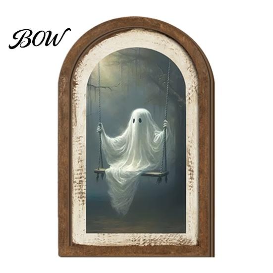 Ghost Themed Room Decor Arch Wooden Sign, Cute Halloween Table Rustic Farmhouse Spooky Home Accents Shelf Decor, Decorative Wall Art for Mantel Living
