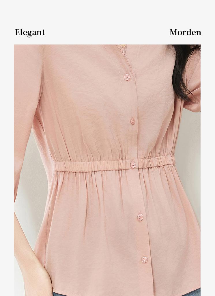 V-neck design with seven quarter sleeves, spring new style, waist cinching, slim fit, slimming top for women