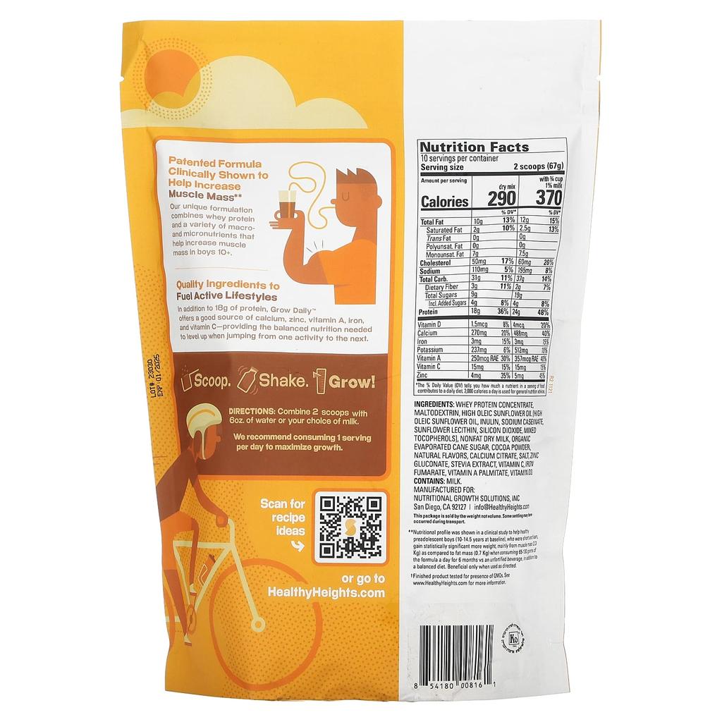 Healthy Heights Grow Daily, Whey Protein and Nutrition Mix, For Boys 10+, Chocolate Flavor, 23.6 Oz (670 G)