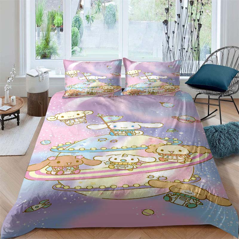 3D printed cartoon Cinnamoroll themed three-piece bedding set, including duvet cover and pillowcases, a perfect holiday gift.