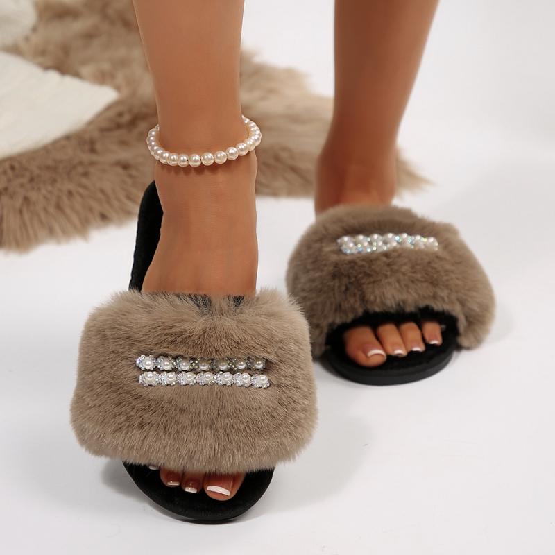 Fashion Luxury Lace Pearl Decoration Faux Fur Slides Women 2025 Winter Warm Long Plush Furry Slippers Fashion Soft Thick Bottom Slippers