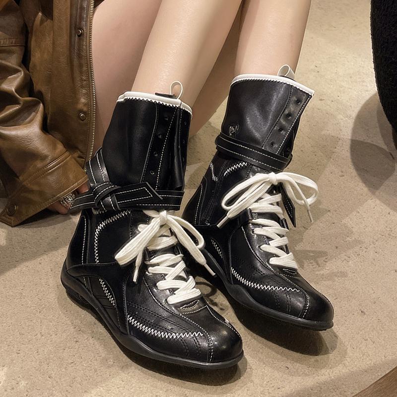 Fashion Fashion Lace Up Mid Calf Boots Women Y2K Gothic Low Heels Motorcycles Boots Woman Pu Leather Patchwork Punk Riding Botas Mujer