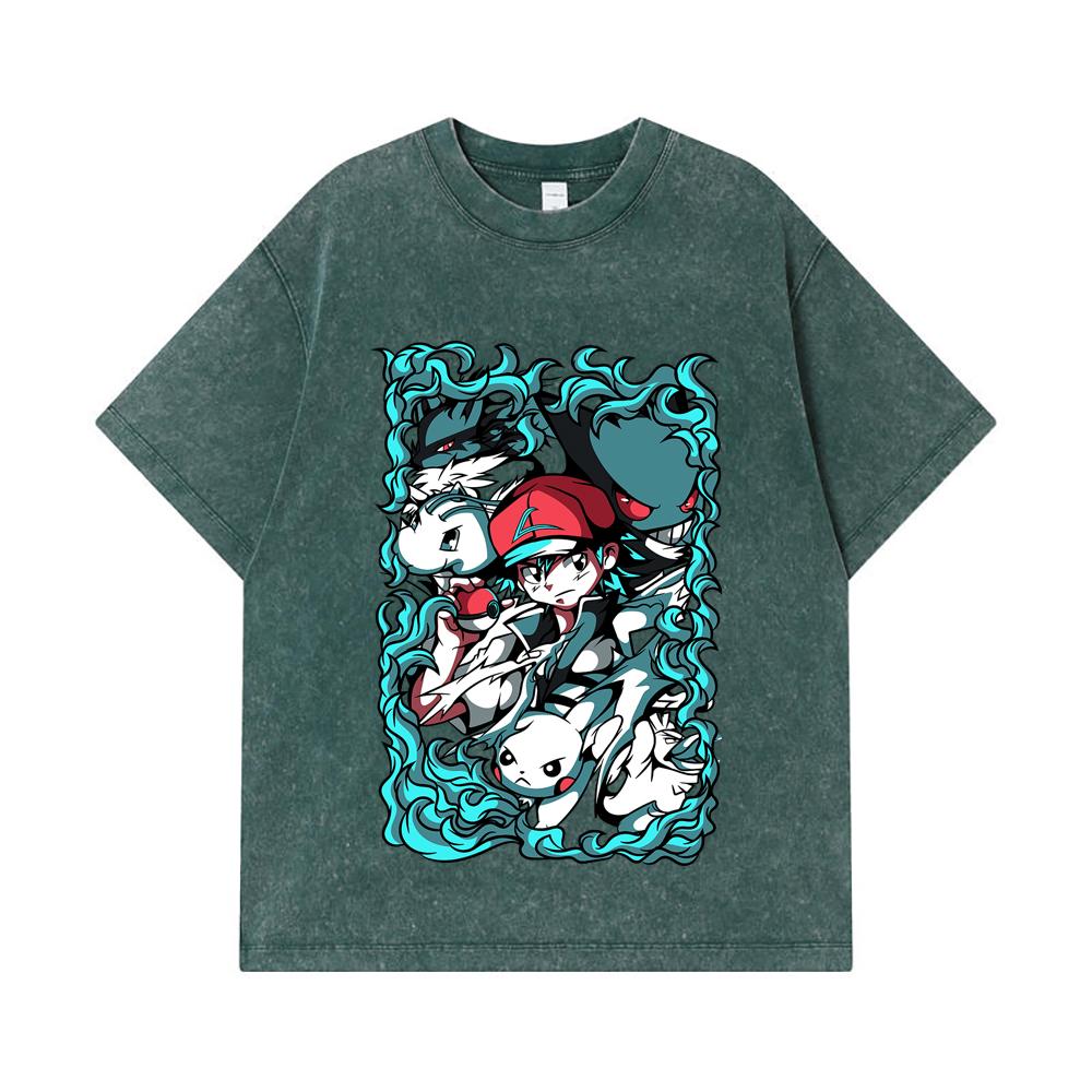 Стиранные футболки 275 г/м² 100% Хлопок Печать Pokemon V26 Унисекс Футболка из плотного хлопка