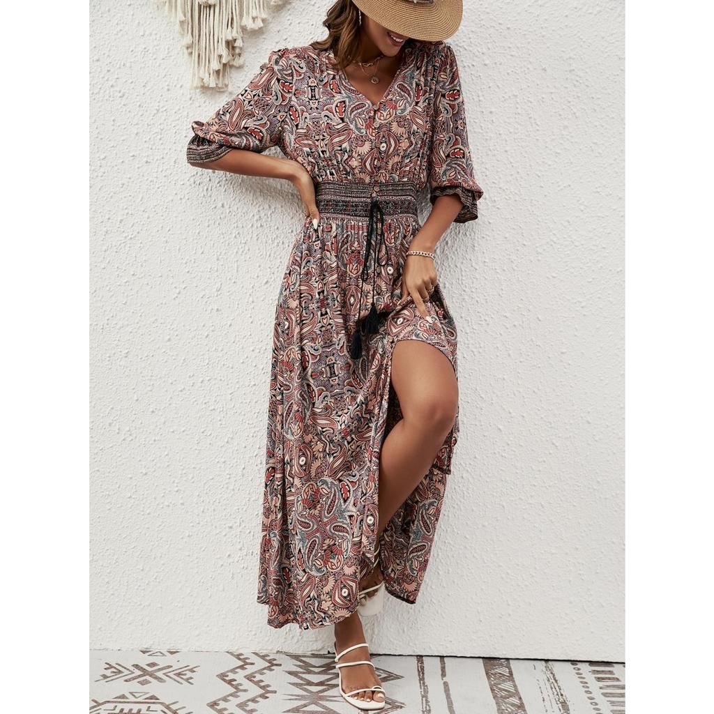 GMXIA Женское летнее платье с V-образным вырезом, принтом букета, завышенной талией, в богемном стиле, праздничное, на пуговицах, пляжное длинное платье