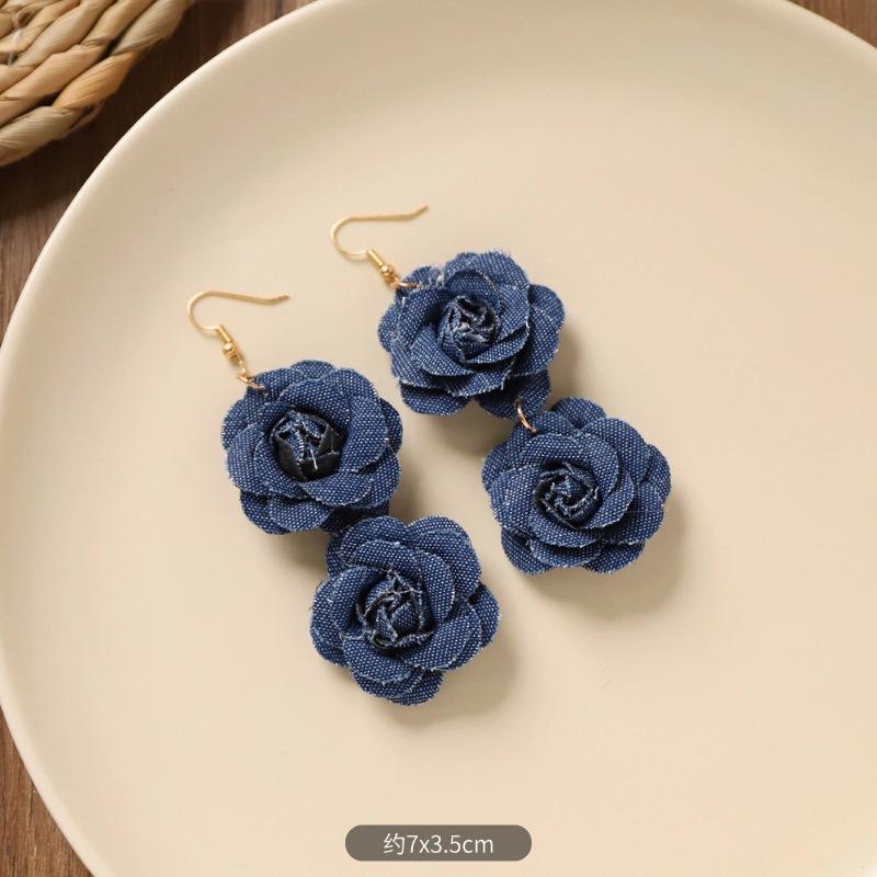 Retro denim blue flower stud earrings - camellia-shaped earrings