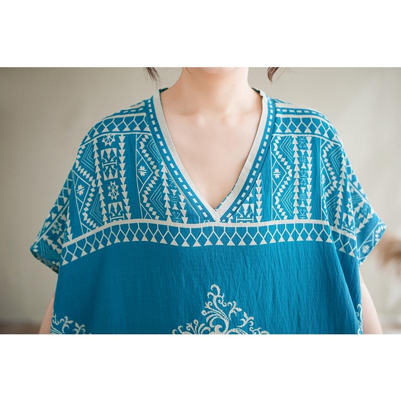 DIMANAF 2025 Летнее платье больших размеров для женщин, повседневное винтажное хлопковое платье с базовым принтом, длинное платье с V-образным вырезом свободного кроя