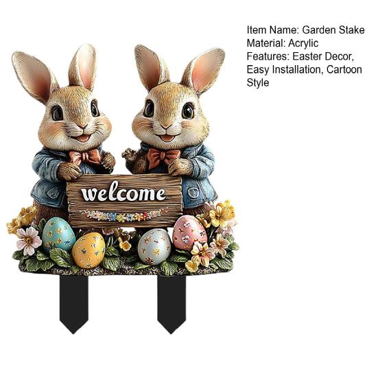 Easter Garden Stake 2D Acrylic Bunny Yard Decor Stake Cartoon Rabbit Colored Eggs Welcome Sign Stake Fairy Garden Accessories for Lawn Porch