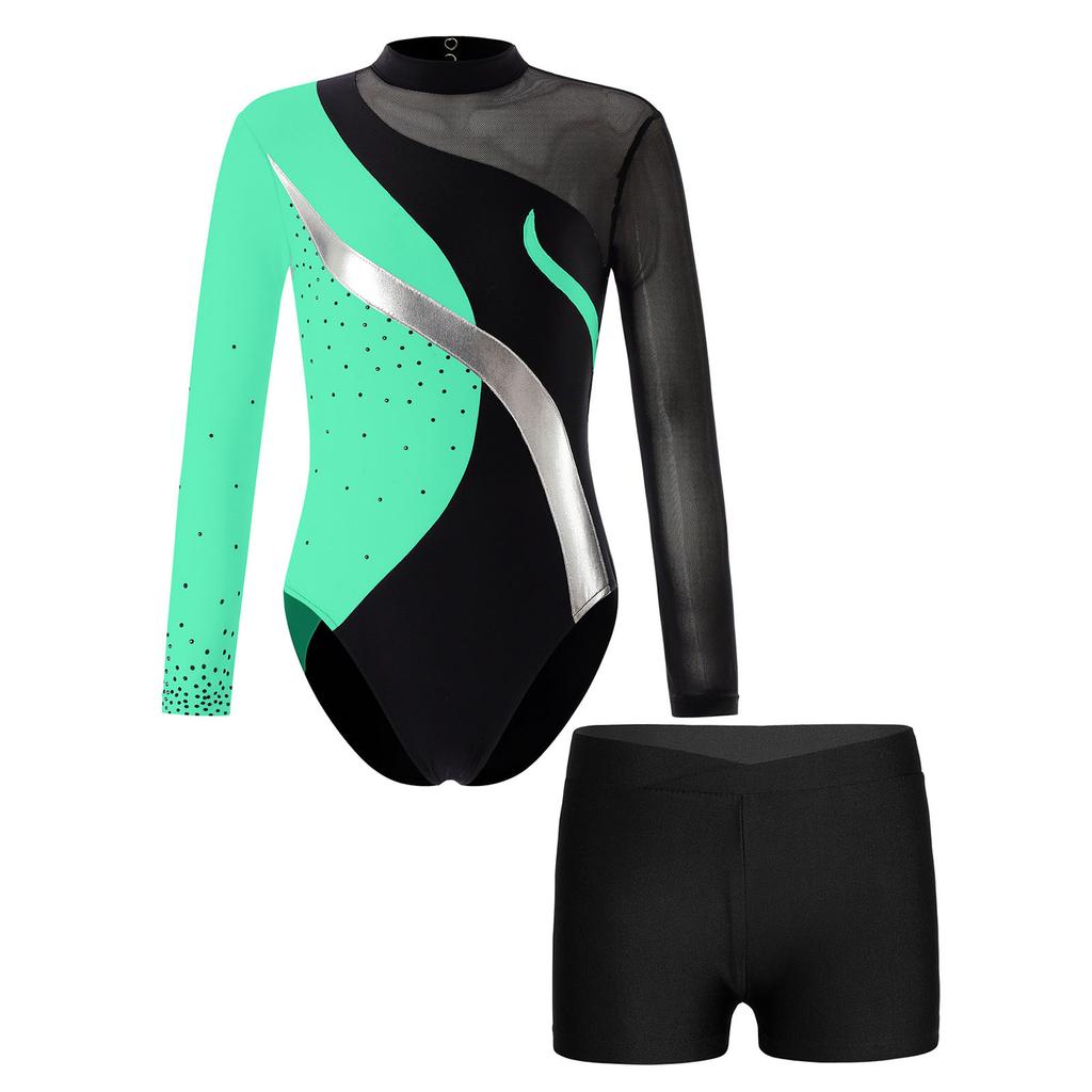 Детский костюм для фигурного катания на коньках для девочек, гимнастический костюм со стразами и открытой спиной, лоскутное трико с длинными рукавами и шортами