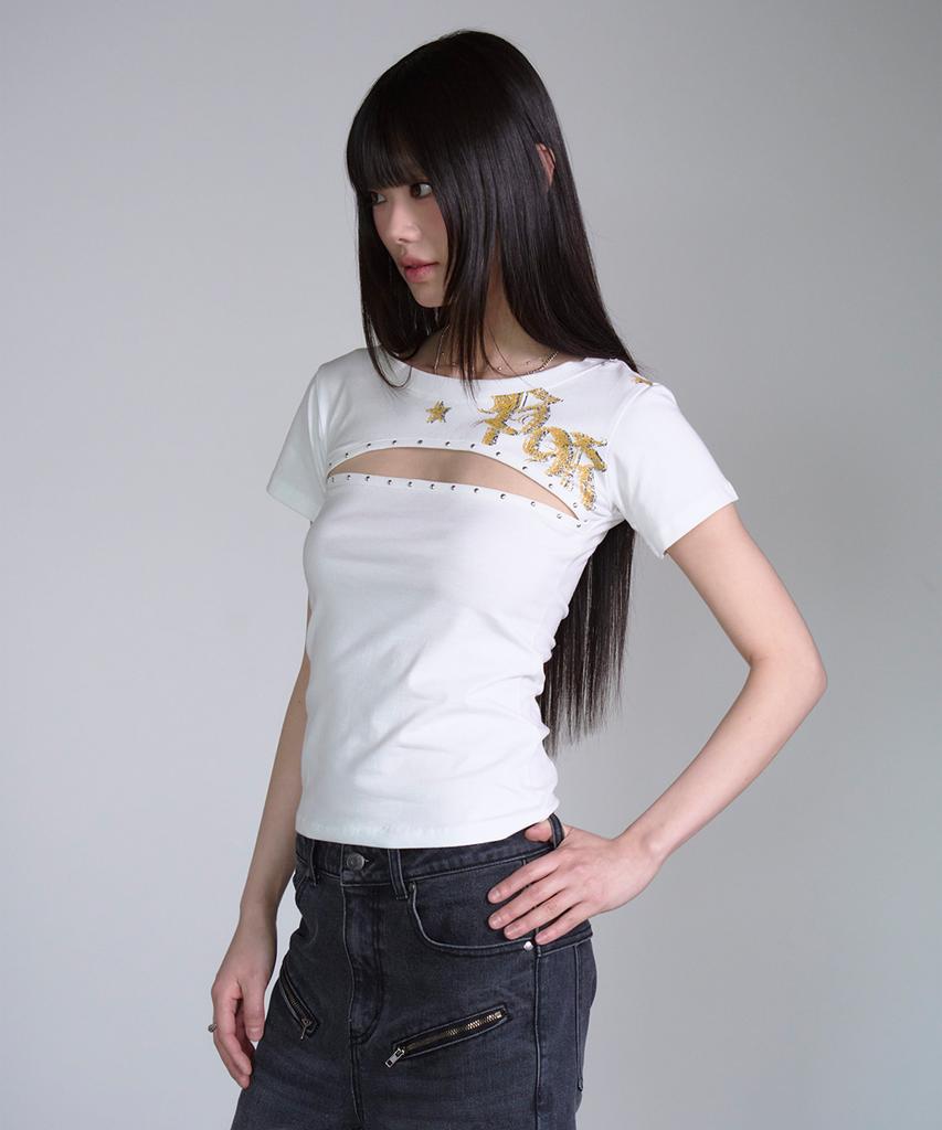 PRENDA Белая футболка с вырезами и заклепками-звездочками
