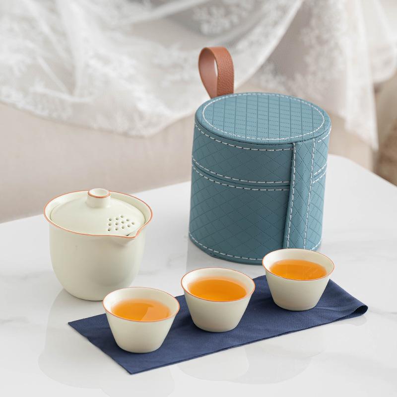 Ru Kiln Travel Tea Set Portable Business Event Gifts Ceramic Tea Pot Anti-scalding Kuaike Cup