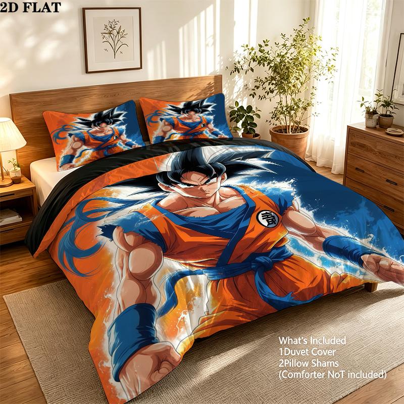 Son Goku Pattern Bedding Quilt Set Quilt Cover Pillowcase Home Birthday Gift(1 * duvet cover + 2 * pillowcase, without core)