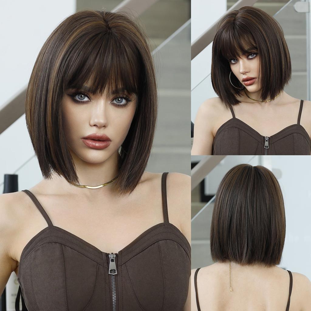 Professional WIGS Synthetic Short Straight Ash Brown Bob Wig for Women High Density Layered Highlight Blonde Hair Wigs with Neat Bangs