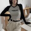 Футболка с буквенным принтом, женские весенние лоскутные топы с длинными рукавами, модные укороченные топы контрастного цвета в стиле ретро, ​​популярные футболки Kpop Skinny Y2K