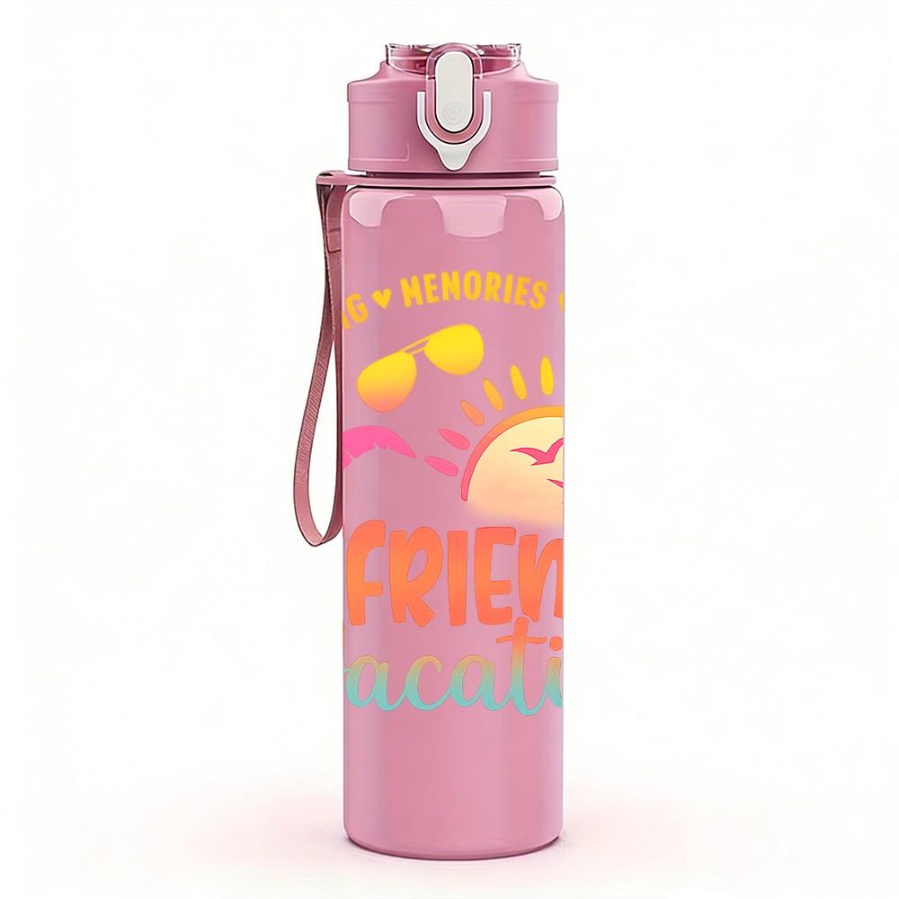1PC Friends Vacation Palm Tree Summer Print 750ml Color Plastic Sports Water Bottle Leakproof Flip Straw Lid Suitable for Sports Office Home Use