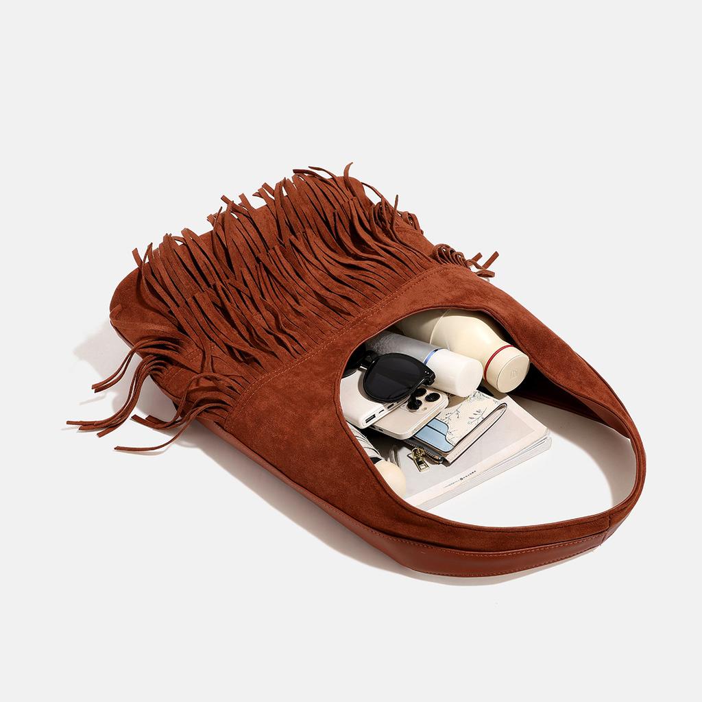 New Autumn/Winter Medela Handmade Tassel Large Capacity Tote Bag, Suede Single-Shoulder Casual Dune Style Underarm Bag