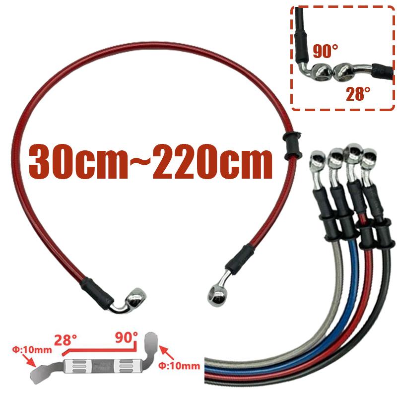 300mm-2200mm 28 & 90 Degree Motorcycle Dirt Bike Hydraulic Steel Brake Hose Line Cable M10 Banjo Pipe Line Braided Oil Hose Red