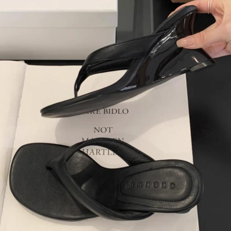 European and American Fashion Small Slope Heel High Heel Open-toe Flip-flops Niche Lazy Shoes Comfortable Pinch Cold Slippers Women's Shoes