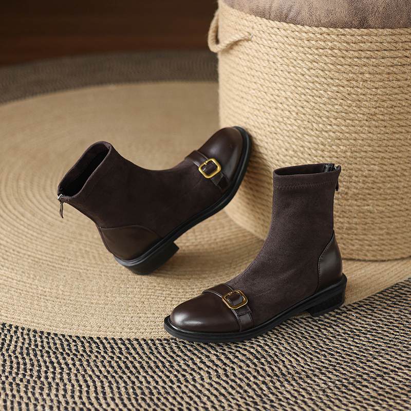 Krazing Po Микрофибра Флок Зима Круглый Носок Размер 33 Ботильоны Челси Размер 43 Молния Металлическая Пряжка Низкий Каблук Ботильоны
