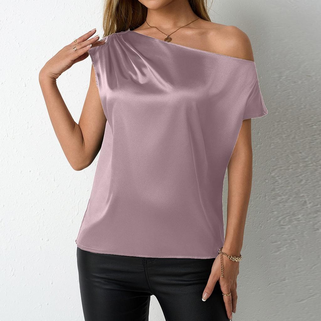 Women's Short Sleeve Shirt Loose Satin Top Embossed Lace V-neck Silk Lined Top